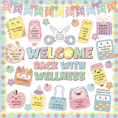 Funrous Welcome Back with Wellness Bulletin Board Set Inspirational Classroom Decorations Mental Health Bulletin Board Motivational Paper Cutouts for Back to School Preschool Teacher Supplies