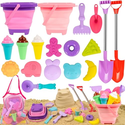 FUNWEGOT Beach Sand Toys Set Includes Collapsible Buckets 2 Big Size Sand Shovels, Rake, Animal Sand Molds Toys with Mesh Bag Silicone Pail, Sandbox Kit for Kids Age 3+ (19 PCS)
