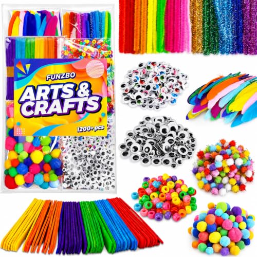 FUNZBO 1200pcs+ Craft Kits with Pipe Cleaners, Pom Poms for Crafts, Popsicle Sticks for Craft, Arts & Crafts Supplies for Kids Ages 4-8 Girls & Boys Birathday Gifts