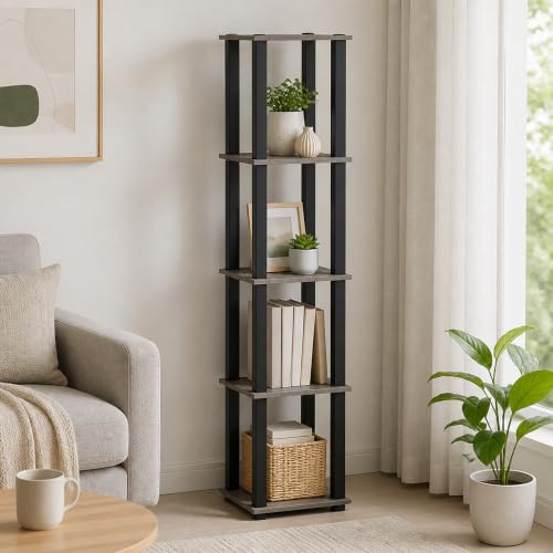 Furevol 5-Tier Square Corner Shelf, Free Standing Open Shelves Open Frame Storage Shelves, Book Shelf for Organization and Storage, Garage, Home Office, Living Room, French Oak