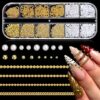 Furtherpretty 3D Chain Nail Charms Set, Gold Metal Bead Chains Curb Chains for Nails with White Pearls Y2K Gothic Punk Dangle Nail Charms Piercing Studs Decorations Accessories for DIY Home Manicure