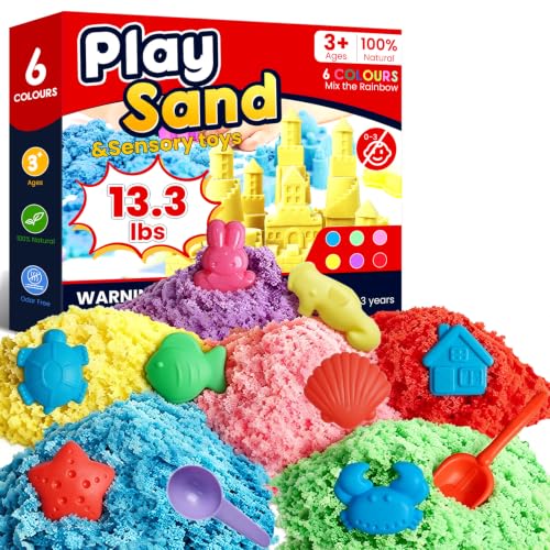 FURWEY Play Sand Set, with 13.3lbs of Colorful Sensory Sand, Plus 15 Tools & Molds, Sensory Play Sand Art Kits for Children Ages 3+ to Relaxing Creative Activities