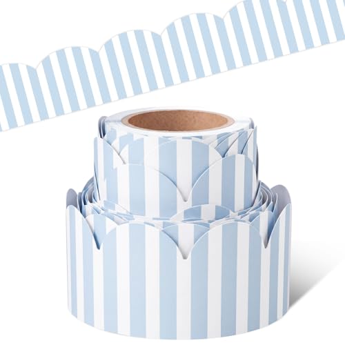 Fuutreo 32.8 ft Blue and White Stripes Bulletin Borders Classroom Bulletin Border Decoration Office Scalloped Trim for School Fiesta National Wedding Party Decoration