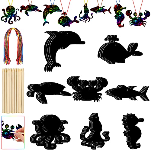 Fuutreo 64 Pcs Sea Theme DIY Scratch Cards Set Birthday Party Supplies Favor Rainbow Color Scratch Art with Wooden Styluses Ribbon Craft Kit for Kid Birthday DIY Art Themed Party Classroom Decor