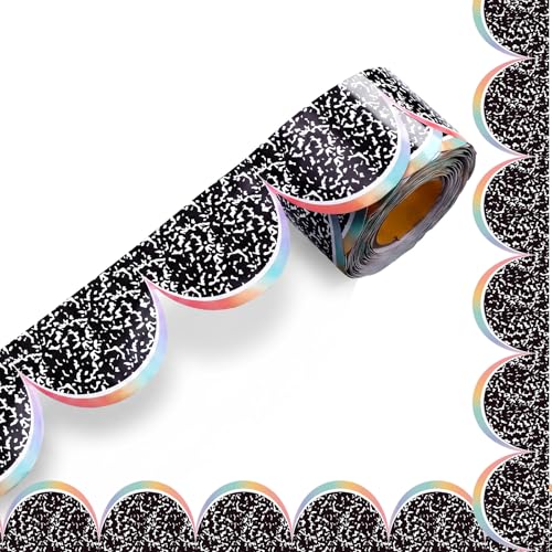 Fuutreo 65 ft Composition Bulletin Board Borders Rainbow Scalloped Die-Cut Rolled Trim Notebook Classroom Decor for Chalkboard Office Home Wall((Black and White, Composition)