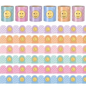Fuutreo 6 Roll 197 ft Pastel Smile Face Bulletin Board Borders Checkerboard Scalloped Wavy Classroom Border Trim Decoration for Back to School Chalkboard Door Wall Decor