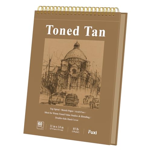 Fuxi Toned Tan Sketchbook 11x14 Inch, 60 Sheets, Spiral Bound - Hard Cover, Acid-Free Drawing Paper Pad for Artists, Drawing, Illustration & Art Students.