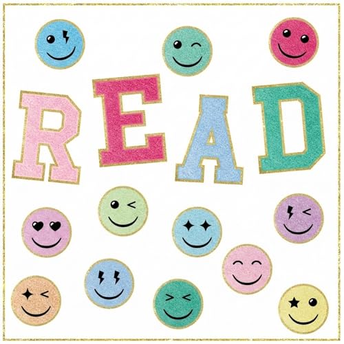 Fuyoooo 16 Pcs Pastel Reading Bulletin Board Set Boho Smile Face Cutouts Reading Corner Decor for Classroom Library Read Sign for Preschool Primary Middle High School Wall Decor