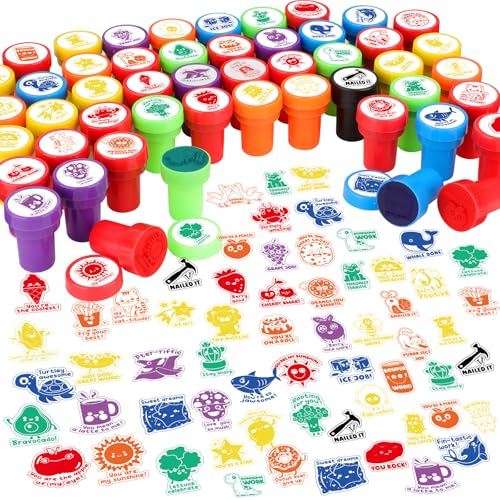 Fuyoooo 50 Pcs Teacher Stamps for Classroom Self Inking Reward Stamps for Kids Colorful Motivational Classroom Stamper for Students Homework School Carnival Prizes and Teacher Supplies, 50 Designs