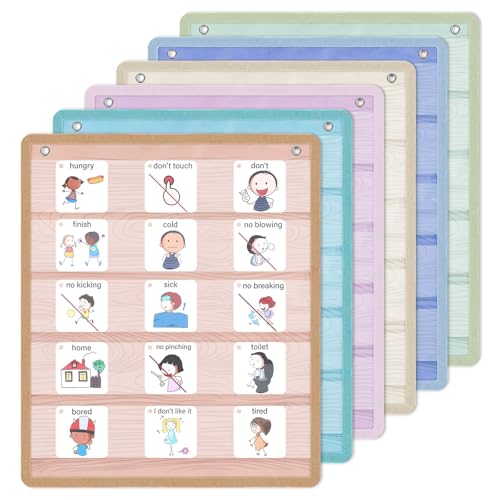 Fuyoooo 6 Pcs Back to School Pocket Chart, 14" x 17" Pocket Chart for Classroom Wall Hanging Wood Painted Fabric Mini Charts for First Day of School Classroom Bulletin Board Home Decor