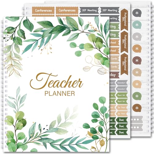 Fuyoooo Eucalyptus Teacher Planner Undated Academic Year Teacher Lesson Planner Book Green Plants Daily Weekly Monthly Spiral Planner Checklist Organizer with Stickers for Classroom, 8.5'' x 11''