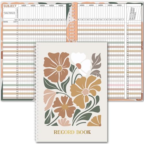 Fuyoooo Teacher Record Book 2026-2027 Spiral Bound Grade Book for Teachers Lesson Planner Attendance Books for School Classroom 8 x 11 Double Sided Boho Flower Design Teacher Appreciation Gift