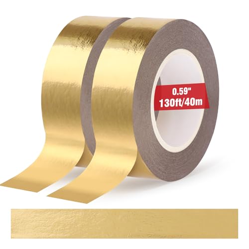 Fyguard 2 Rolls Gold Washi Tape 0.59In × 130Ft (Total 40m) Low Tack Solid Foil Gold Tape, Shiny Metallic Decorative Tape for Wall Mirror Decor Crafts Christmas Gift Wrapping