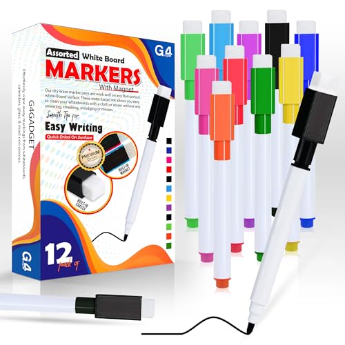 G4GADGET 12pcs Colourful Whiteboard Markers with Magnet & Eraser | Dry Wipe White Board Pens | Fine Tip, Low Odor, Non-Toxic Erasable Markers for Kids, Office, Classroom & Home Use