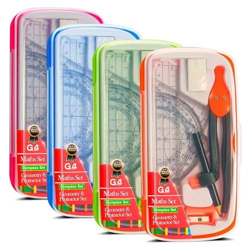 G4GADGET 8-Piece Maths Geometry Set – Compass & Protractor Set with Clear Pencil Case | School Stationery Set for Students | Ruler Set, Protractor, Triangles, Eraser & Sharpener | Math Equipment