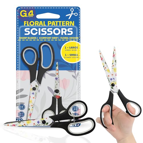 G4GADGET Floral Pattern Scissors 2 Pack – Comfort Grip Multi-Purpose Scissors Set (8 Inch & 5.3 Inch) – Stainless Steel Blades, Soft Handles for School, Office, Kitchen & Home Essentials