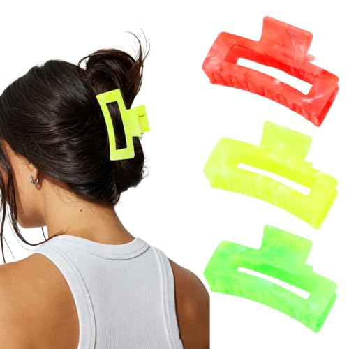 GAFATORY 3 PCS Neon Claw Clips for Women Bright Fluorescent Hairclips for Thick Thin Hair Non Slip Large Hair Claw Clips With Teeth Summer Neon Accessories for Festival Beach Party Daily Hairstyle