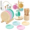 GAGAKU Kids Wooden Play Dishes Set -27Pcs Montessori Play Kitchen Accessories Plates and Bowls Set, Storage Stand & Play Food, Pretend Cooking Toys for Ages 3-5, Educational Gift for Toddler