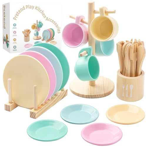 GAGAKU Kids Wooden Play Dishes Set -27Pcs Montessori Play Kitchen Accessories Plates and Bowls Set, Storage Stand & Play Food, Pretend Cooking Toys for Ages 3-5, Educational Gift for Toddler