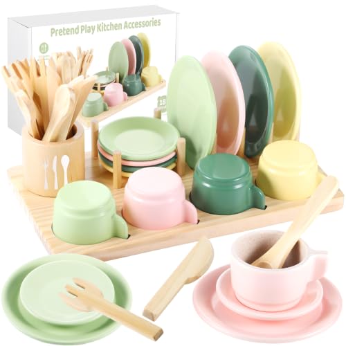 GAGAKU Wooden Play Kitchen Accessories - 25Pcs Montessori Play Dishes Set with Integrated Storage Stand, Bright Color Plates & Bowls, Pretend Cooking Toys for Ages 3-5, Educational Gift for Toddler