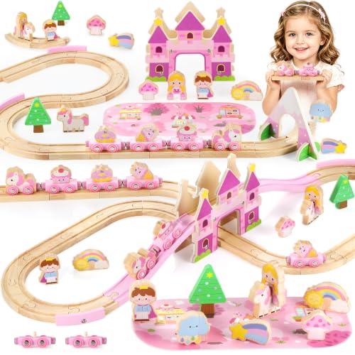 GAGAKU Wooden Train Set for Girls 2-4, 41 PCS Montessori Toddler Train Track Toys with Magnetic Cars, Castle Bridge, Tunnel & Play Mat, Educational Wooden Railway Set for Kids Girls Gifts