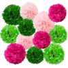 GAKA Pink and Green Tissue Paper Pom Poms, 12Pcs Hanging Pom Poms Flower Ball for Theme Party Birthday Wedding Decorations(10 inch and 12 inch)