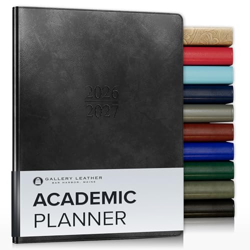 Gallery Leather Academic Planner 2027, Teacher and Student Weekly Monthly Planner, Elegantly Bound Calendar with Gold-Gilded Page Edges, 18 Months - Acadia Black - 9x7"
