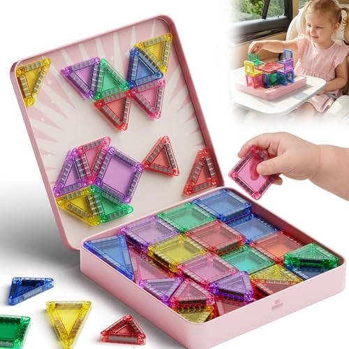Gamcrown Mini Magnetic Tiles for Girls Travel: 60 PCS Pink Magnet Building Blocks in Tin Box to Stop Crying - 60 Mins Quiet Play 30s Cleanup Toy - Car Airplane Essentials Ages 3-8