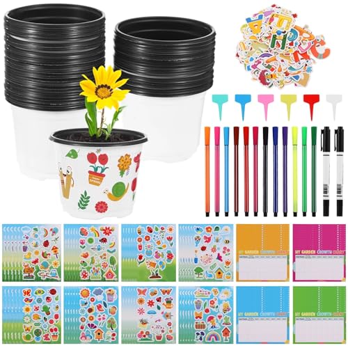Garden Plastic Pot Craft Kit, 48 Sets Spring Flower Pot Crafts with Plant Labels, Stickers, Growth Charts, Watercolor Pens and Markers, Make Your Own DIY Planting Growing Tools Set for Kids