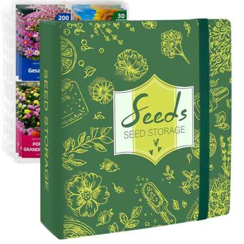 Garden Seed Packet Storage Organizer Binder, 12.4" x 13.4" Seed Book Organizer with 40 Flip-Top 4 Pocket Card Binder Pages, 3 Ring D-Ring Leather Seed Storage for Gardeners (Green)