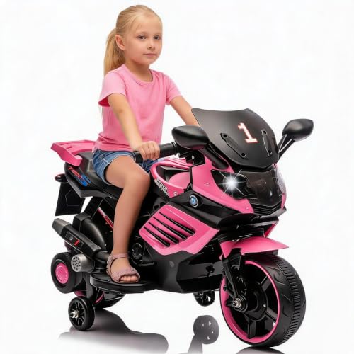 Garvee 6V Kids Electric Ride On Motorcycle – Battery Powered Toy with Training Wheels, LED Headlight, Realistic Sounds & Music, Non-Slip Tires, Outdoor Bike for Boys & Girls Ages 3-6, Light Pink