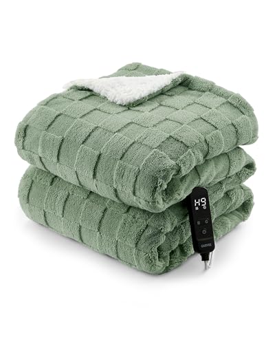 Garvee Heated Weighted Blanket - 15lbs Weighted Beads Electric Throw with Memory Controller, Ultra-Soft Milk Fleece Checkered Jacquard, Body-Conforming Warmth for Deep Sleep, 48"×72" Green