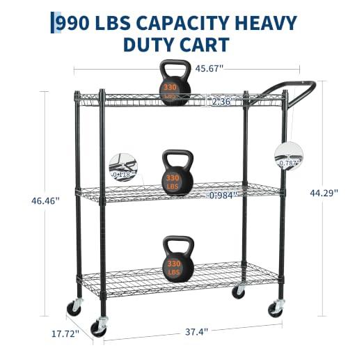 Garvee Heavy Duty Utility Cart, 990Lbs Capacity 3 Tier Rolling Carts with Wheels, Kitchen Cart on Wheels with Storage, Metal Serving Carts with Wire Shelving &Handle Bar, Black