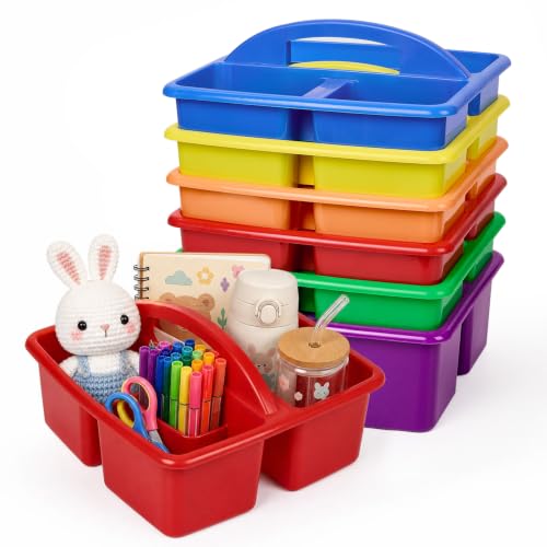 GarveeHome 6-Pack 3 Compartment Plastic Storage Caddy with Handle – Multi-Color – Small Organizer Bin for Study Area, Art Supplies, Crafts, Office Stationery, Toys, and Home Storage