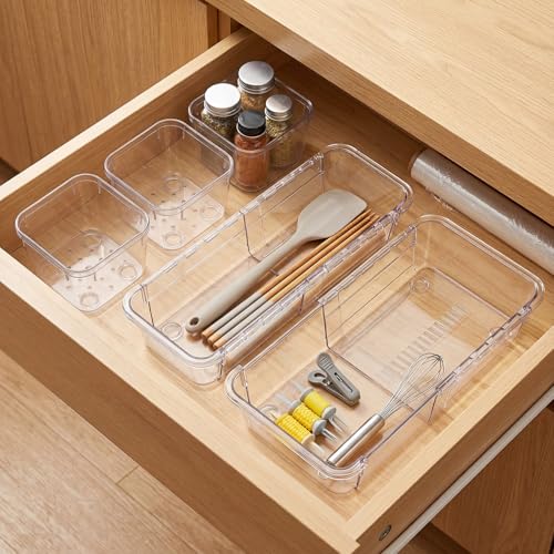 GarveeHome Expandable Drawer Organizer Set – Adjustable Clear PET Divider Trays for Office Desk, Kitchen, Bathroom, and Vanity Storage – Multi-Use Desktop Drawer Solution – 14-Piece Set