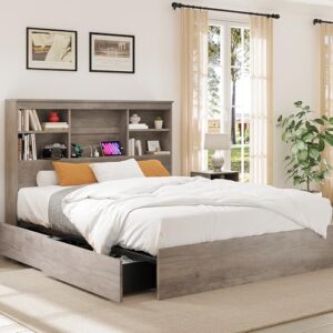 GarveeHome Queen Size Bed Frame with High Storage Bookcase Headboard, Wood Bed Frame with 4 Storage Drawers, Built in Charging Station, No Box Spring Needed, Metal Frame, Noise-Free, Grey