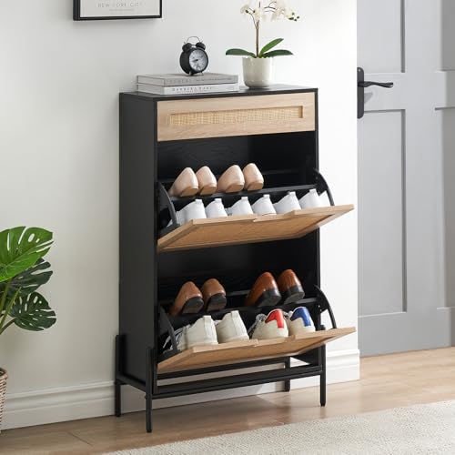 GarveeHome Shoe Cabinet with 2 Folding Compartments and 1 Drawer, Cabinet with Adjustable Shelves, Wardrobe with Rattan Front and Metal Legs, for Hallway and Living Room, 61 x 24 x 102 cm