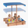 Garvee Kids Wooden Sandbox with Adjustable Canopy, 47.2 x 47.2 in Outdoor Covered Sand Box with 2 Storage Bins, Corner Guards & Bench Seats, Fir & Pine Wood Sandpit for Backyard, Ages 3-6