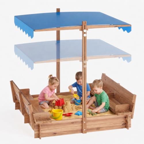 Garvee Kids Wooden Sandbox with Adjustable Canopy, 47.2'' x 47.2'' Outdoor Sand Box with Fold-Down Bench Seats & Cover, Fir & Pine Backyard Sandpit Playset for Ages 3+, Patio, Garden, Yard