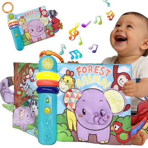 GauJat Cloth Books for Babies 0-6-12 Months, Interactive Soft Sensory Toy with Lights, Sounds & Music, Bite-Proof Educational for Newborns, Infants & Toddlers 0-3 Years (Forest Animals)