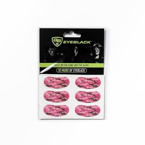 GB Eyeblack 15 Pairs Breathable Eye Strips - Peel & Stick Athletic Eyeblack Stickers for Baseball Football Softball Lacrosse Fans on Game Day | No Mess, Won't Fall Off, Worn by The Pros (Pink Camo)