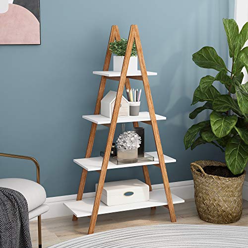 GDFStudio 4-Tier Bamboo Ladder Shelf Bookcase, A-Frame Display Bookshelf with Open Storage Shelves, Freestanding Plant Stand & Organizer for Living Room Bedroom Office, Space-Saving Modern Rack