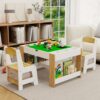 GDFStudio Kids 2-in-1 Activity Table & 2 Chairs Set LEGO-Compatible Play Table with Whiteboard Top, Storage Compartments & Canvas Drawer Chairs, Wooden Learning Desk Furniture for Playroom, White