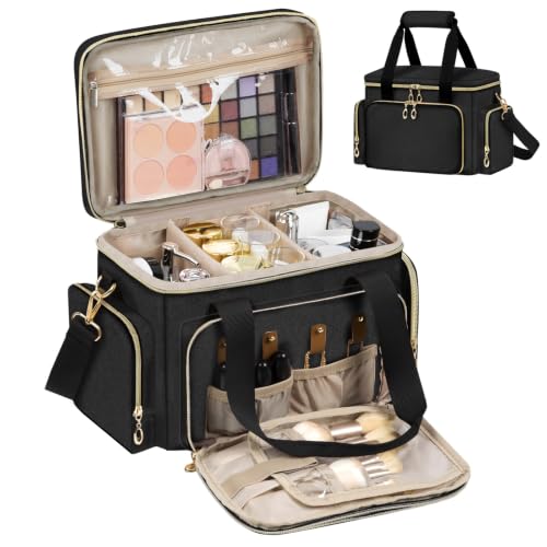 GDNasist Large Makeup Bag, Portable Travel Makeup Bag Organizer for Women Girls with Removable Shoulder Strap & Detachable Dividers, Cosmetic Travel Bag, Toiletry Bag for Makeup