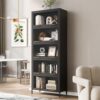 Gecheer 76.75" Tall Black Iron Display Cabinet with 5-Tier Glass Doors, LED Lighting & Flip-Up Slide-in Doors for Collectibles, Books, Trophies – Modern Barrister Bookcase