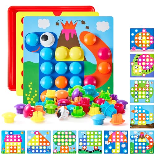Geekper 68PCS Button Art Toys for Toddlers Color Matching Mosaic Pegboard, Early Learning Educational Toys for 3, 4, 5, 6 Year Old Kids Boys and Girls Easter Gifts, 10 Pictures and 58 Buttons