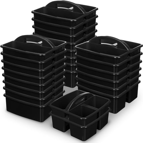 Geelin 24 Pack Classroom Caddy Bulk, Plastic Storage Caddy with Handle and 3 Compartments, Stackable Art Supply Storage Caddies Organizer (9.3 x 8.5 x 5.1 inch,Black)