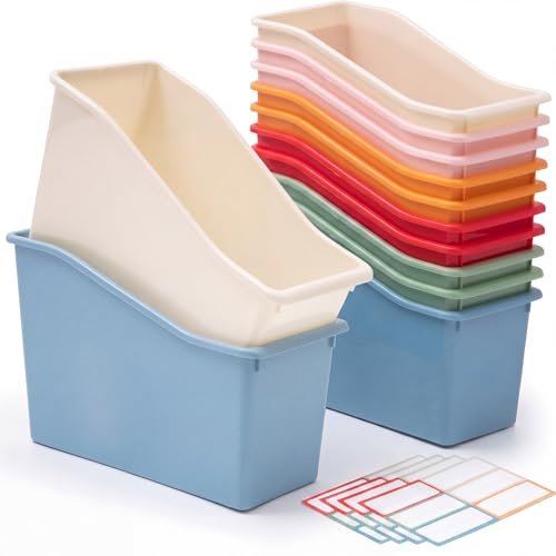 Geetery 12 Pcs Book Bin for Classroom with Labels Stackable Plastic Organizing Bins 11.5 x 5.4 x 7.5 in Book Holders Storage Bins Box Baskets for Classroom Library Home (Macaron Color)