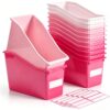 Geetery 12 Pcs Book Bin for Classroom with Labels Stackable Plastic Organizing Bins 11.5 x 5.4 x 7.5 in Book Holders Storage Bins Box Baskets for Classroom Library Home (Pink Color Series)