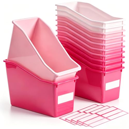 Geetery 12 Pcs Book Bin for Classroom with Labels Stackable Plastic Organizing Bins 11.5 x 5.4 x 7.5 in Book Holders Storage Bins Box Baskets for Classroom Library Home (Pink Color Series)